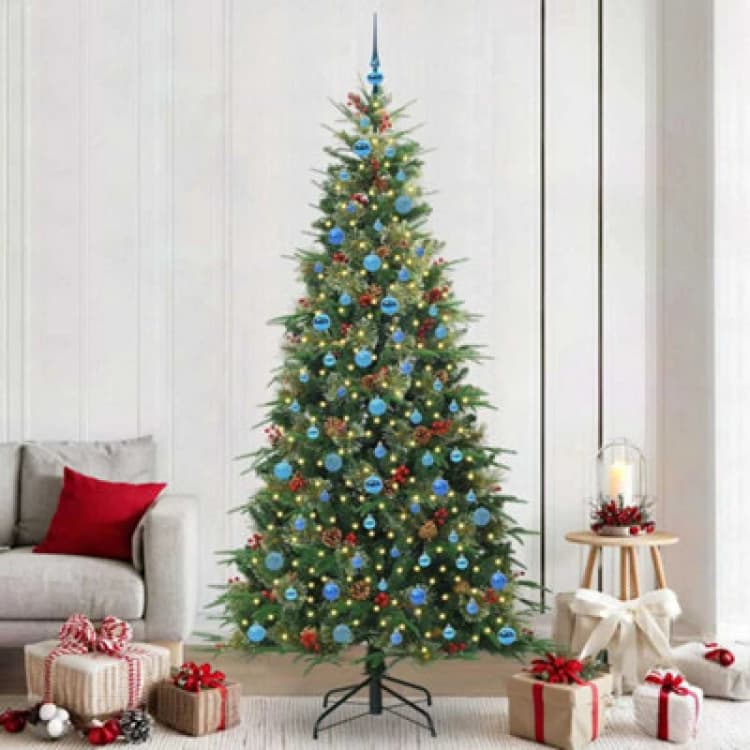 Image of vidaXL Artificial Hinged Christmas Tree with Blue Balls Green 240cm PE and PVC, Green 3397452