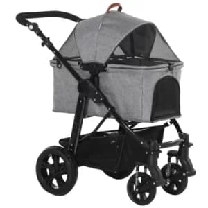 Image of PawHut 2-In-1 Design No-Zip Pet Stroller Detachable Bag Travel Trolley with Shock-absorbing System Brake Basket Adjustable Handlebar Safety Leash Grey