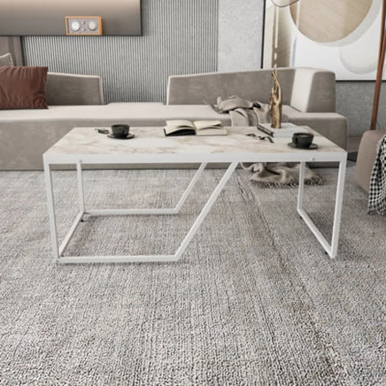 Image of Decorotika Wendy Modern Coffee Table Large Accent Table Industrial Design - White Marble Effect And White WND47CT02