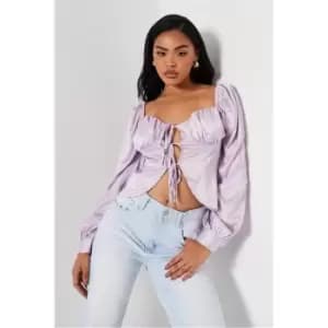 Image of I Saw It First Lilac Satin Tie Front Milkmaid Style Blouse - Purple
