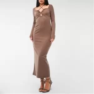 Image of Missguided Textured Halterneck Keyhole Cut Out Midaxi Dress - Brown