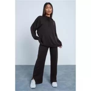 Image of I Saw It First Chocolate Ribbed Oversized Acid Wash Hoodie And Wide Leg Set - Brown