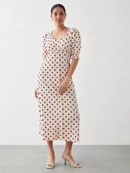 Image of Dorothy Perkins Spot Print Shirred Cuff Midi Dress - Red, Size 16, Women