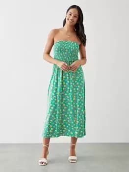 Image of Dorothy Perkins Ditsy Shirred Bodice Bandeau Midi Dress - Green, Size 12, Women