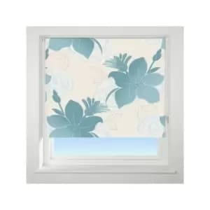 Image of Lily Patterned Thermal Blackout Roller Blind, Teal, W180cm - Universal