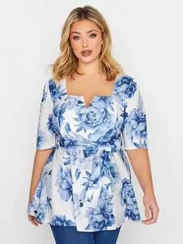 Image of Yours Floral Notch Neck Peplum Top, White, Size 16, Women