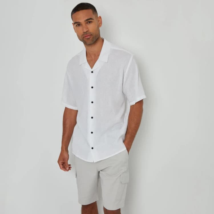 Image of Threadbare 'Kylian' Linen Blend Revere Collar Short Sleeve Shirt White