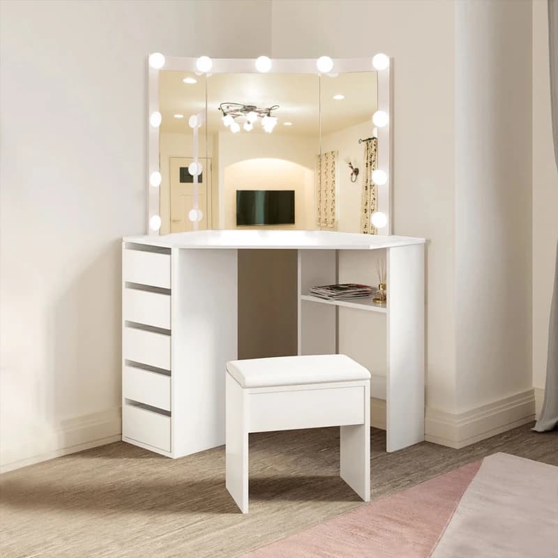 Image of KOSY KOALA Corner Dressing Table with Mirror and Stool Makeup Vanity LED Mirror Lights Hollywood Table White