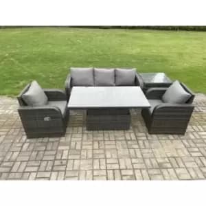 Image of Fimous 5 Seater Outdoor Dark Grey PE Rattan Dining Sofa Complete Set with Adjustable Table and Side Table