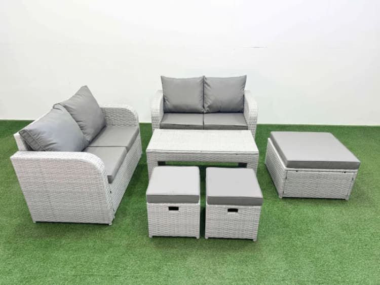 Image of Fimous 7 Seater Outdoor Love Sofa Set Rattan Garden Furniture Set with Oblong Coffee Table 3 Footstool Light Grey Light Grey