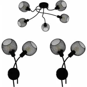 Image of Low Ceiling Light & 2x Matching Wall Lights Black Metal Mesh Shade Multi Lamp