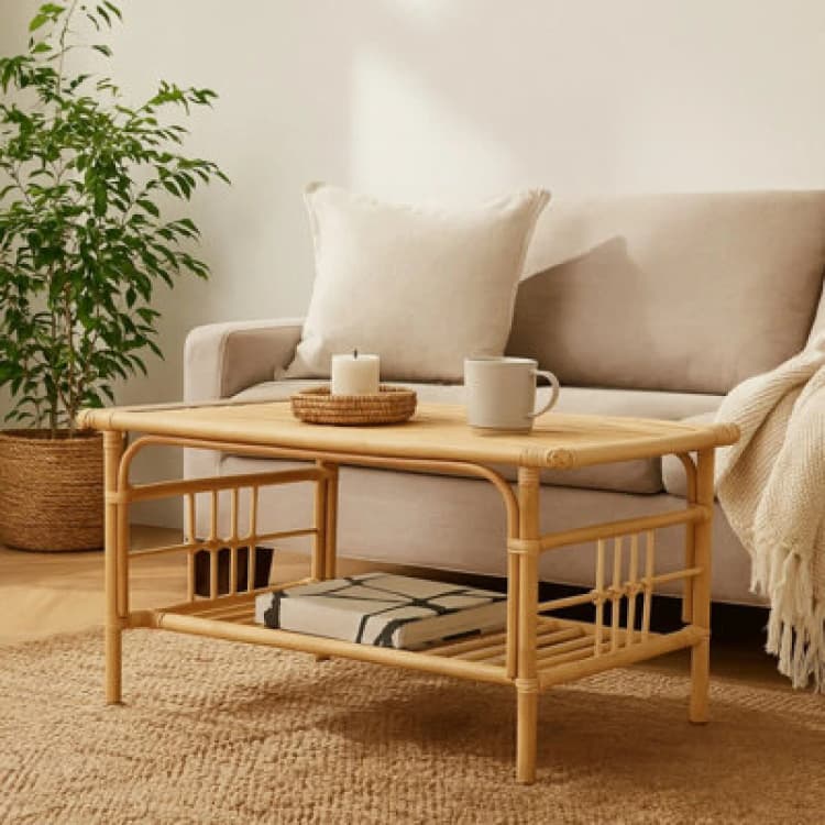 Image of Premier Housewares Elegant Rattan Rectangular Coffee Table With Glass Top, Versatile Cane Furniture, Sturdy Outdoor Table Natural