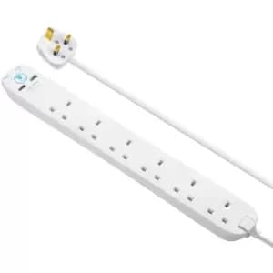 Image of Masterplug 6 Socket 2m 13 Amp Surge Protected Extension Lead + 2x USB (2.1A) - White
