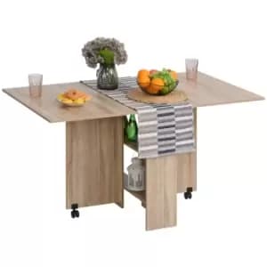 Image of Six Seater Expandable Drop Leaf Dining Table With Wheels Storage Shelf Natural Wood Effect