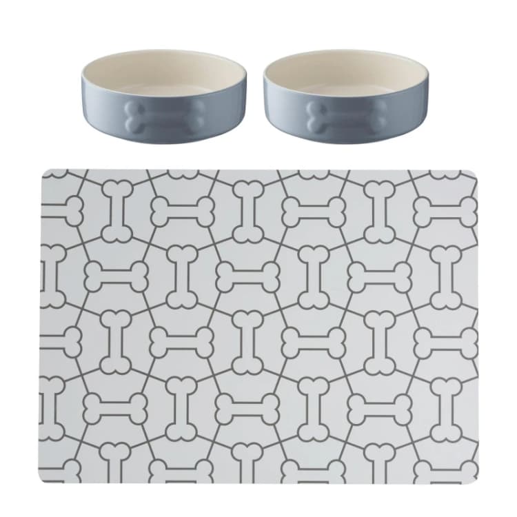 Image of Mason Cash 2x Colour Mix Dog Bowls and Mat Dog Bowls 15cm Grey 71078302000