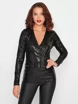 Image of Long Tall Sally Black Sequin Wrap Top, Black, Size 10, Women