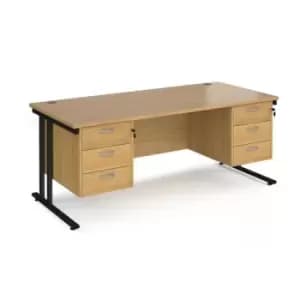 Image of Office Desk Rectangular Desk 1800mm With Double Pedestal Oak Top With Black Frame 800mm Depth Maestro 25 MC18P33KO