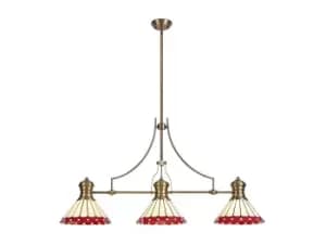 Image of 3 Light Telescopic Ceiling Pendant E27 With 30cm Tiffany Shade, Antique Brass, Red, Crystal