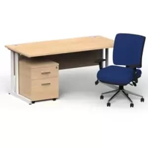 Image of Impulse 1600/800 White Cant Desk Maple + 2 Dr Mobile Ped & Chiro Med Back Blue W/Arms