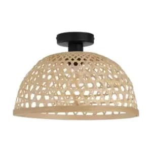 Image of Semi Flush Ceiling Light Black Steel & Wicker Shade 1 x 40W E27 Bulb Feature