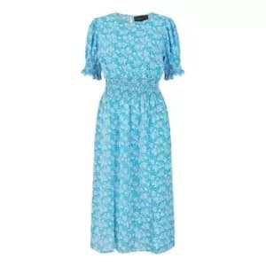 Image of Mela London Blue Floral Shirred Waist Midi Dress - Blue