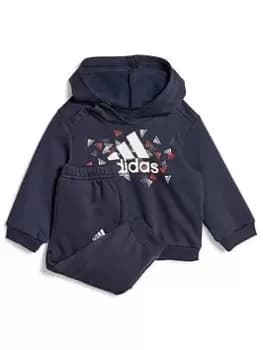 Image of adidas Favourites Toddler Unisex Badge Of Sport Graphic Overhead Hoody And Jogger Set, Dark Blue, Size 9-12 Months, Women