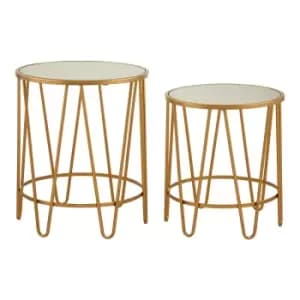 Image of Set of 2 Round Side Tables with Mirror Tops in Gold Finish Metal