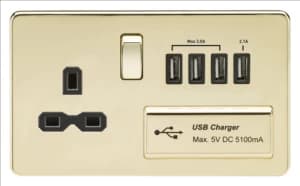 Image of KnightsBridge 13A 2G Screwless Polished Brass 1G Switched Socket with Quad 5V USB Charger Ports - Black Insert