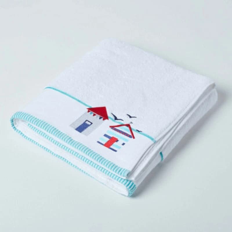 Image of Homescapes White And Blue Beach Hut Bath Sheet