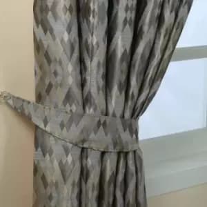 Image of HOMESCAPES Grey Jacquard Geometric Curtain Tie Back Pair - Grey and Gold
