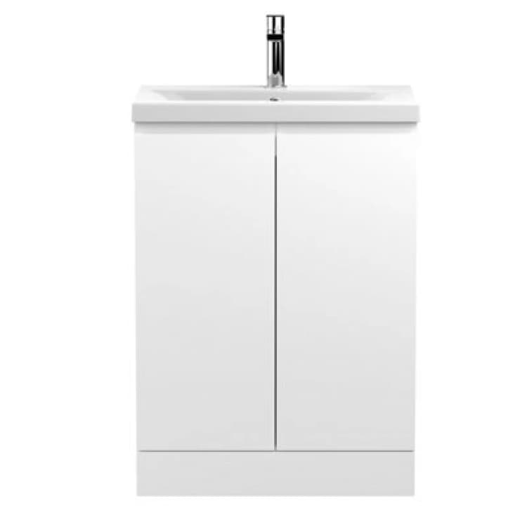 Image of Nuie Hudson Reed Urban Floor Standing 2 Soft Close Door Vanity Unit With Mid-Edge Basin, Modern Vanity Unit In Satin White, 600mm