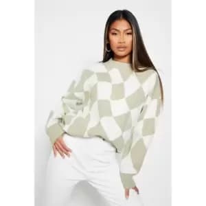 Image of I Saw It First Warped Check Oversized Knitted Jumper - Green