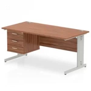 Image of Impulse 1600 Rectangle Silver Cable Managed Leg Desk WALNUT 1 x 3 Drawer Fixed Ped