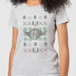 Image of Star Wars Yoda Face Knit Womens Christmas T-Shirt - Grey - L