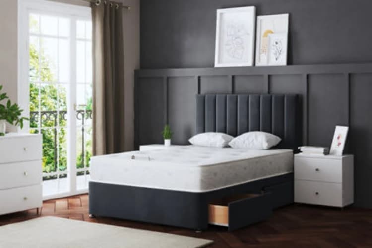 Image of DS Living Amelia Upholstered Steel Panel 2 Draw Divan Bed with Headboard Grey