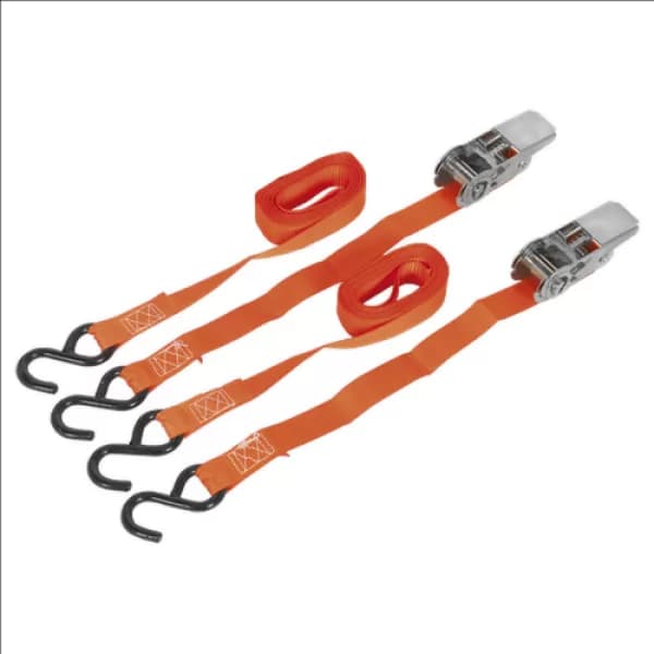 Image of Sealey TD0540S2 Ratchet Tie Down 25mm x 4mtr Webbing S Hooks 500kg Load - Pair