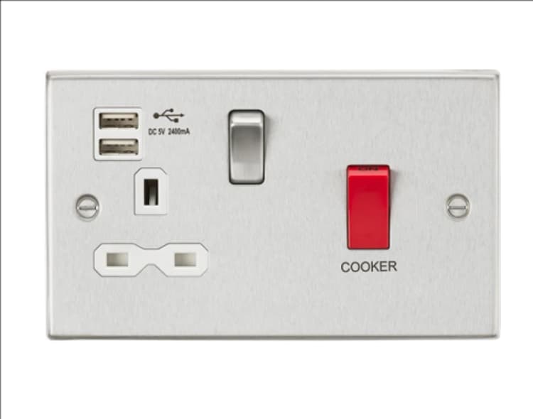 Image of KnightsBridge 45A DP Switch & 13A Switched Socket Dual USB Charger 2.4A - Brushed Chrome with white insert CS8333UBCW