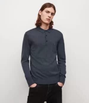 Image of AllSaints Mens Mode Merino Long Sleeve Polo Shirt, Blue, Size: M