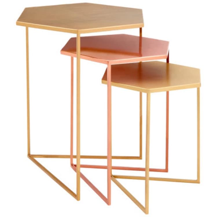 Image of Premier Housewares Versatile Set Of 3 Bronze Finish Tables, Stylish Metallic Nesting Tables, Geometric Couch Side Tables Gold