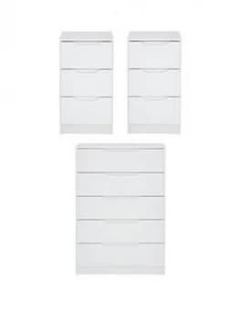 Image of Monaco 3 Piece Gloss Package - 5 Drawer Chest And 2 Bedside Chests