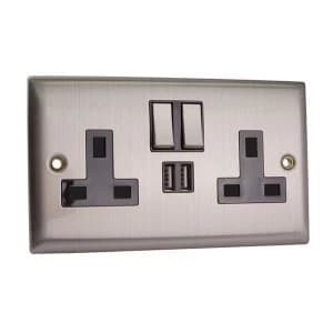 Image of SMJ Switched Socket 2-Gang 13A with 2 x USB Brushed Steel