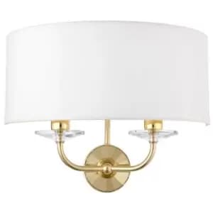 Image of Dimmable Twin Wall Light Brass Glass White Fabric Shade Curved Arm Lamp Fitting
