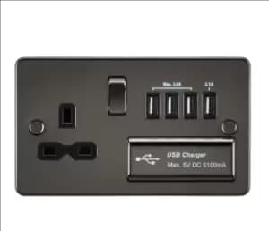 Image of KnightsBridge Flat plate 13A switched socket with quad USB charger - gunmetal with Black insert