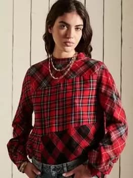 Image of Superdry Mixed Check Blouse - Red, Red Check, Size 12, Women