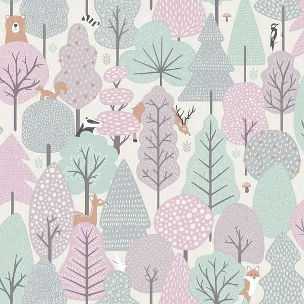 Image of MURIVA Muriva - Children's Wild Wood Pink Wallpaper Naturistic Birds Paste The Wall WL-M51603