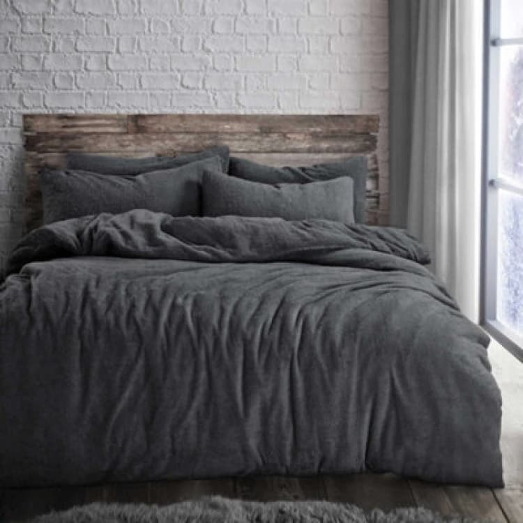 Image of Velosso Plain Teddy Warm And Cosy Duvet Cover And Pillowcase Set - Charcoal