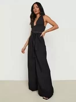 Image of Boohoo Linen Belted Wide Leg Trouser - Black, Size 8, Women