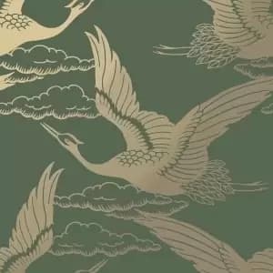 Image of Holden Decor Metallic Cranes Green Wallpaper - 10.05m x 53cm