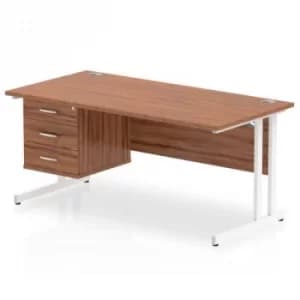 Image of Impulse 1600 Rectangle White Cant Leg Desk WALNUT 1 x 3 Drawer Fixed Ped