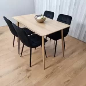 Image of Rectangle Oak Effect Kitchen Dining Table With 4 Black Velvet Tufted Chairs Dining Set